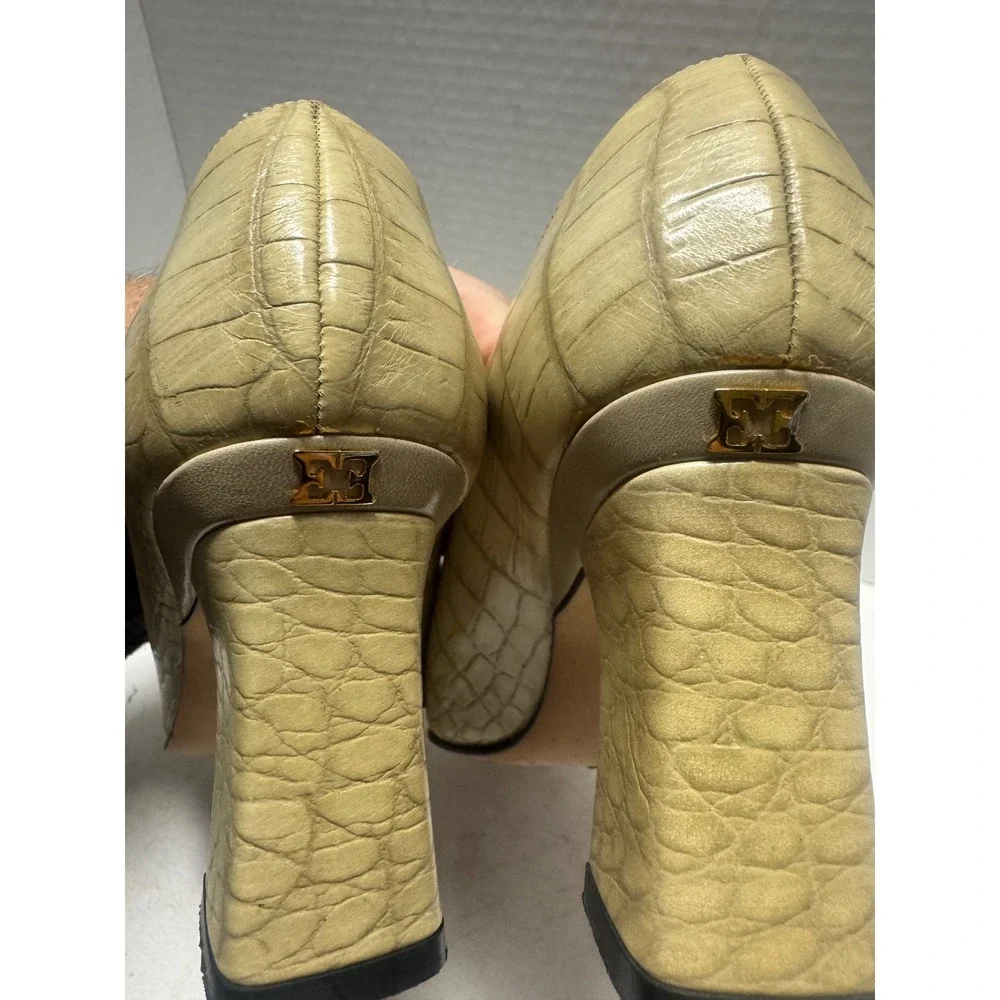 Escada Beige Croc Embossed Leather Block Heel Pumps Gold Logo Italy 36.5 6.5
